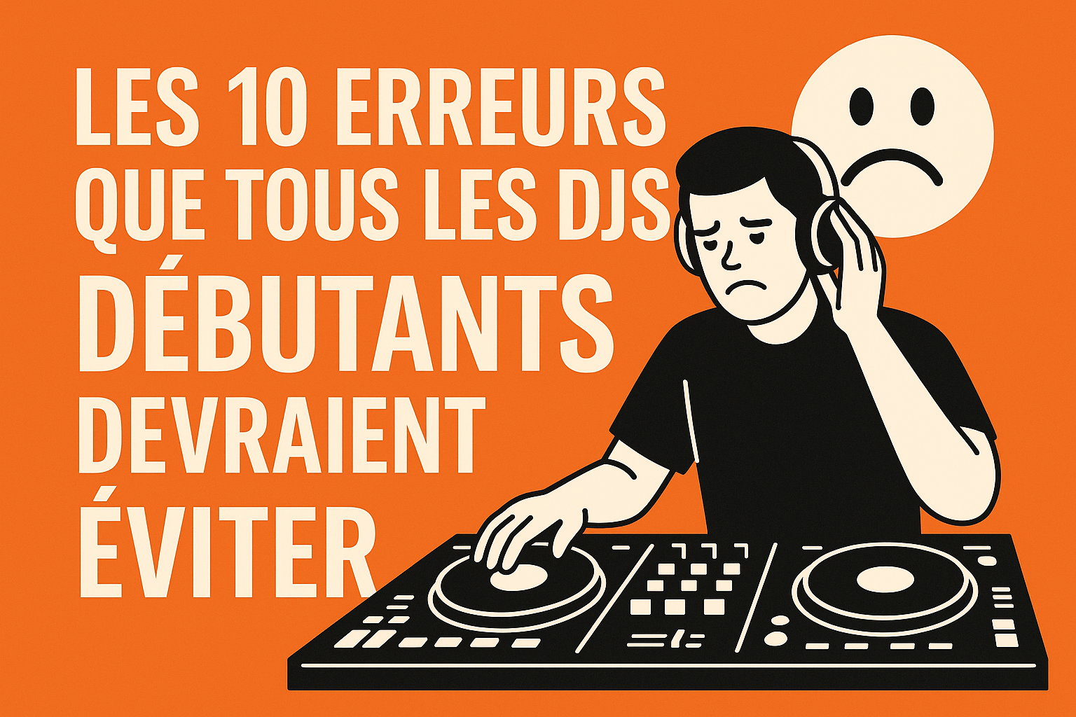 Illustration d'un DJ débutant au contrôleur avec casque, représentant les 10 erreurs à éviter pour progresser en mixage