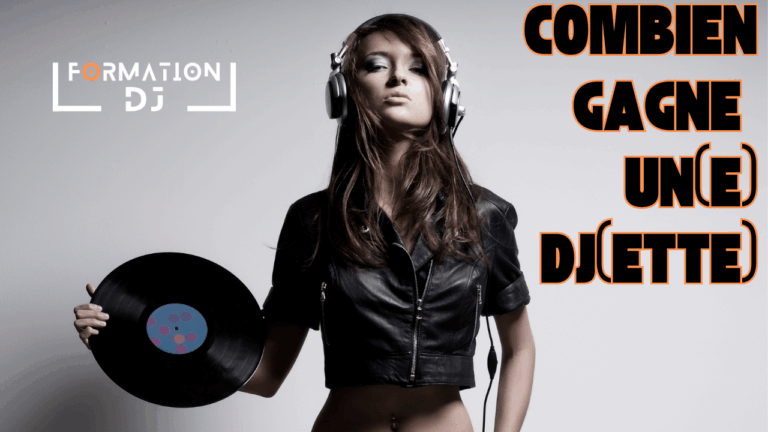 DJ femme tenant un vinyle, casque sur les oreilles, visuel Formation-DJ avec titre “Combien gagne un(e) DJ(ette)”.